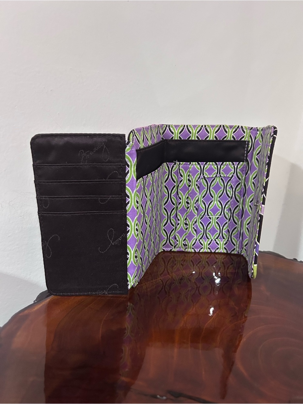 Vera Bradley Quilted Floral Trifold Wallet in Purple, Green and Black - Picture 9 of 11